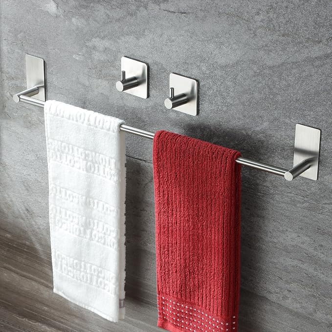 Taozun Towel Bar - 24 Inch Towel Holder with 2 Packs Adhesive Hooks | Hand Towel Rack Stick on Wall, Stainless Steel Bathroom Hardware Accessory Kit