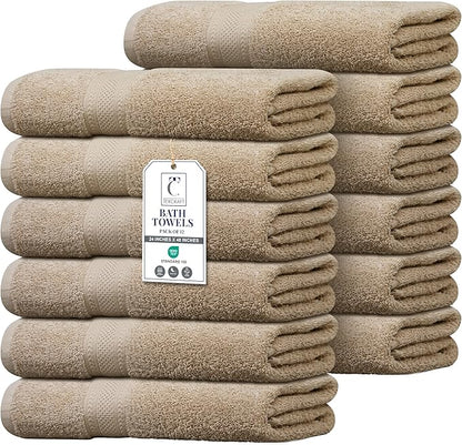Commercial Bulk Pack of 12 Bath Towels – 100% Cotton Terry 24" x 48" – Ideal for Hotels, Salons, Gyms, Spas & Institutional Use – Beige