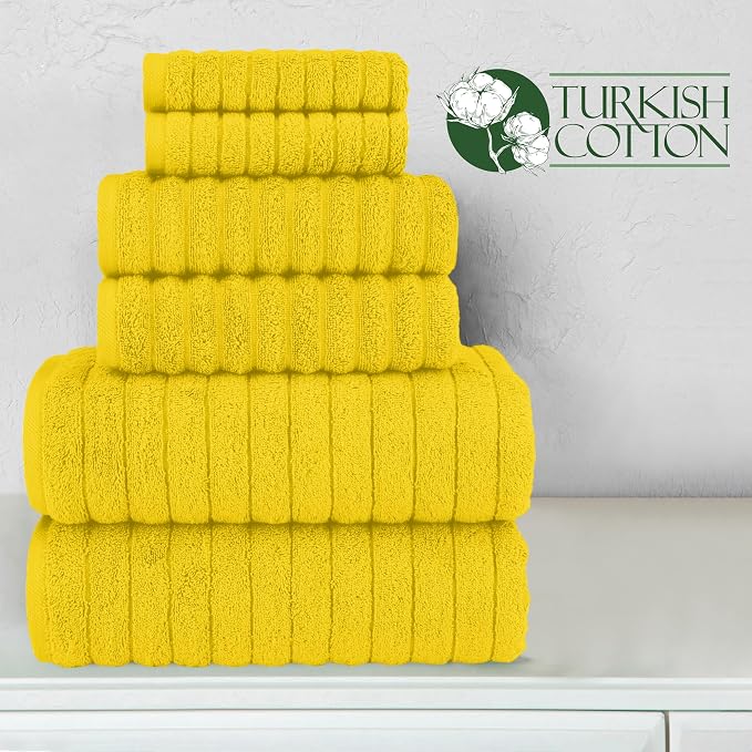 Elegant Comfort 100% Turkish Cotton Corduroy Ribbed Luxury Bath Towels 6-Piece Set, Premium Feel - Quick Dry, Highly Absorbent, Contains 2 Bath Towels, 2 Hand Towels, and 2 Washcloths, Yellow