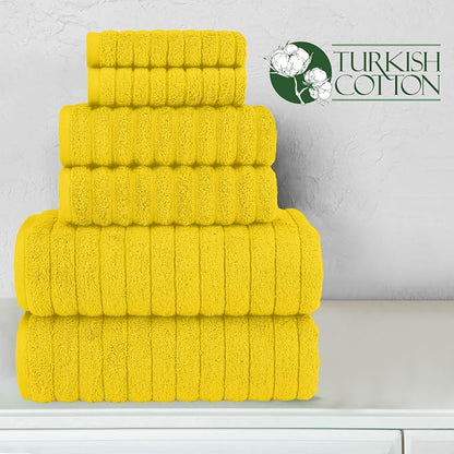 Elegant Comfort 100% Turkish Cotton Corduroy Ribbed Luxury Bath Towels 6-Piece Set, Premium Feel - Quick Dry, Highly Absorbent, Contains 2 Bath Towels, 2 Hand Towels, and 2 Washcloths, Yellow