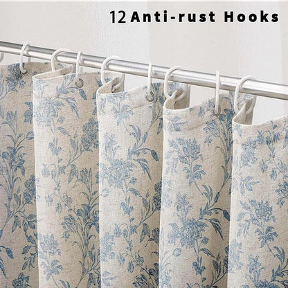 WOUVMA Extra Long Blue Shower Curtain Floral Cotton Linen Cottagecore Shower Curtain for Bathroom 90" L x 72" W