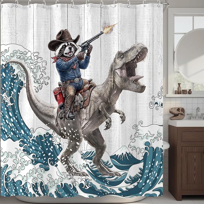 Accnicc Funny Raccoon Dinosaur Shower Curtain for Bathroom 72 X 72 Inch | Fun Cool Animal Dino Shower Curtains, Japanese Ocean Wave Kids Bath Curtain Decor, Water-Resistant Washable Polyester Fabric
