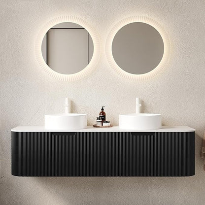 Yayzy 60" Floating Bathroom Vanity with Sink, Solid Wood Fluted Cabinet, White Round Ceramic Basin & Faux Marble Top, Soft-Close Drawer, Pre-Assembled, Gloss Black