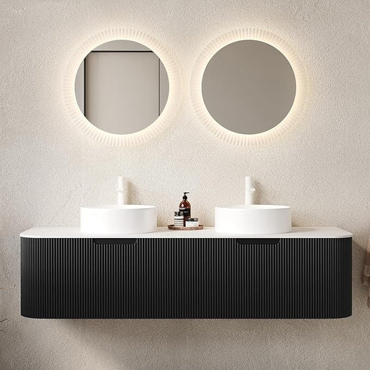 Yayzy 60" Floating Bathroom Vanity with Sink, Solid Wood Fluted Cabinet, White Round Ceramic Basin & Faux Marble Top, Soft-Close Drawer, Pre-Assembled, Gloss Black