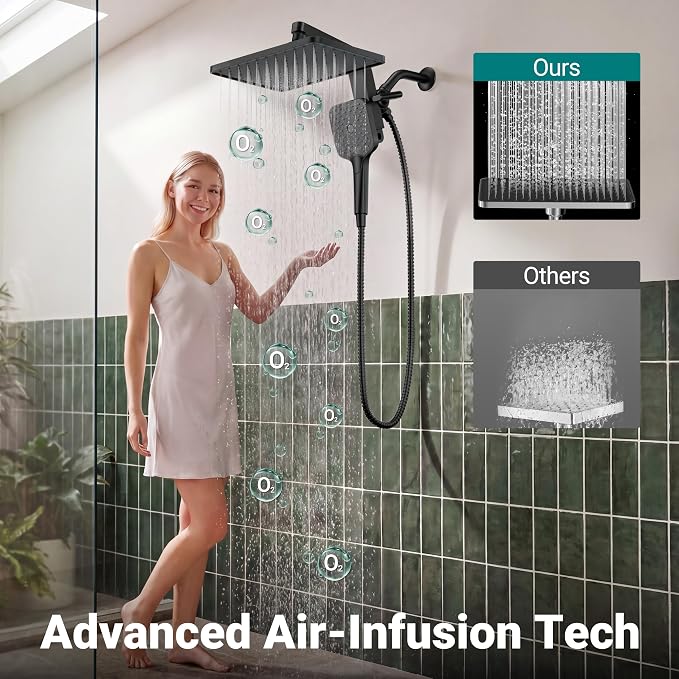 12" XXL Rainfall Shower Head with Handheld Combo Set, Matte Black | High Pressure, Magnetic Docking, Air-Infusion Tech, Anti-Leak One-Piece Design, Dual Square Showerhead