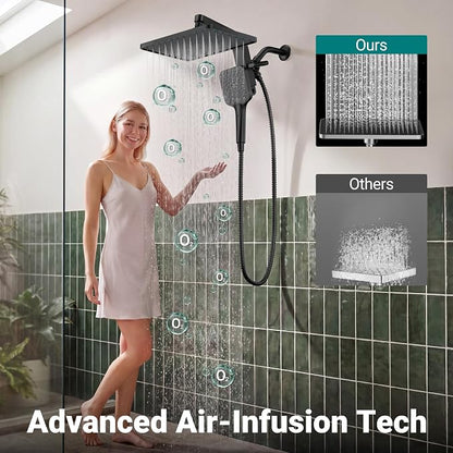 12" XXL Rainfall Shower Head with Handheld Combo Set, Matte Black | High Pressure, Magnetic Docking, Air-Infusion Tech, Anti-Leak One-Piece Design, Dual Square Showerhead
