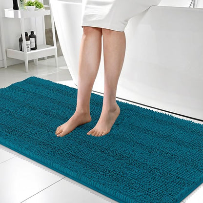 OLANLY Thick Bathroom Runner Rugs 59x24, Chenille Bath Rugs, Peacock Blue | Absorbent Striped, Rubber Backing, Machine Wash, Long Bath Mats for Bathroom Floor, Tub and Shower, Home Decor Accessories