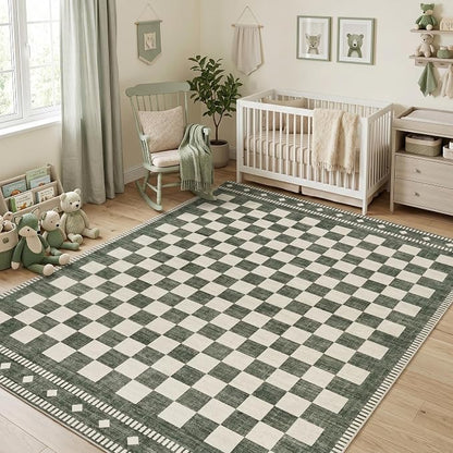 Garvee Washable Rugs 8x10 Checkered Sage Green Living Room Rug Non Slip | Farmhouse Geometric Large Area Rug Low Pile Stain Resistant Carpet for Classroom Bedroom Nursery Dining Room 8'x10'