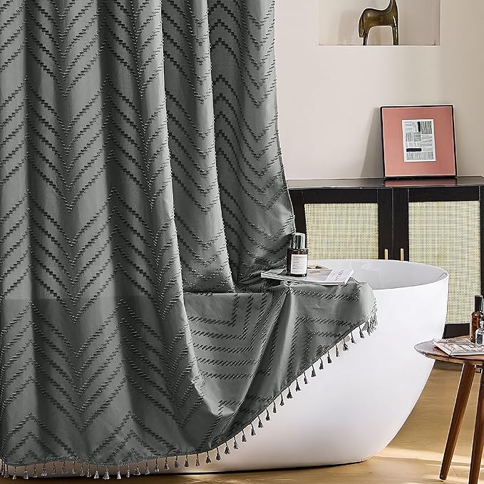 Siiluminisoy Extra Long Grey Boho Shower Curtain with Tassel, Woven Fabric 96 in Shower Curtain, Tufted Chevron Striped, 72 x 96, Modern Chic Textured Minimalist Bathroom Shower