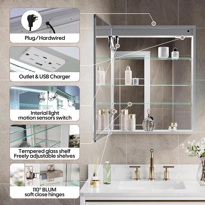 24"" X 30"" LED Medicine Cabinet with Mirror for Bathroom, Medicine Cabinet with Lights, Bathroom Mirror with Storage, Single Left Opening Doors, Dimmer, Defogger, Outlets & USB Ports, Glass