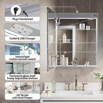 24"" X 30"" LED Medicine Cabinet with Mirror for Bathroom, Medicine Cabinet with Lights, Bathroom Mirror with Storage, Single Left Opening Doors, Dimmer, Defogger, Outlets & USB Ports, Glass