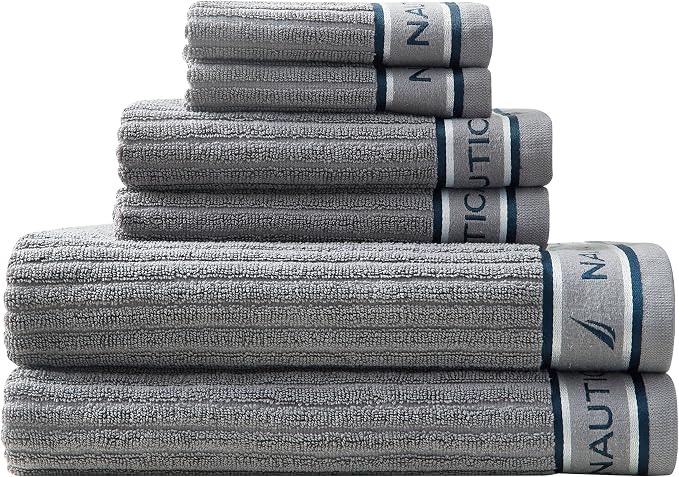 Nautica – Bathroom Towels, Washcloth, Bath & Hand Towel Set, Highly Absorbent Ribbed Terry Cotton, Set of 6, College Dorm Room Essentials (Signature Grey)