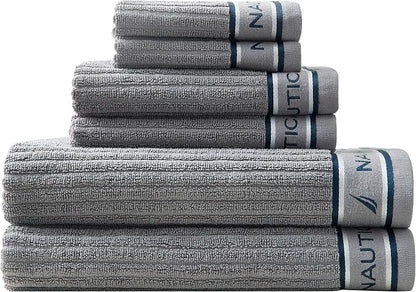 Nautica – Bathroom Towels, Washcloth, Bath & Hand Towel Set, Highly Absorbent Ribbed Terry Cotton, Set of 6, College Dorm Room Essentials (Signature Grey)