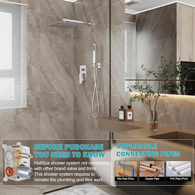 12" Rain Shower System with Handheld & Valve, Brushed Nickel | Wall-Mounted High-Pressure Shower Faucet Combo Set, 12-Inch Rain Shower Head with Handheld Spray,Includes Valve and Trim Kit