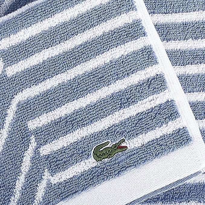 Lacoste Guethary Striped Towel – 100% Cotton, Reversible Modern Geometric Design, Soft & Absorbent, Durable & Lightweight, Machine Washable – Denim, 16"x30" Hand Towel