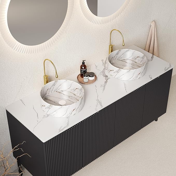 Ambrovina 60" Bathroom Vanity with Double Sink, Freestanding Bathroom Storage Cabinet with 4 Soft-Closing Doors, 2 White Round Ceramic Basins and Carrara White Sintered Stone Countertop, Gloss Black