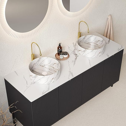 Ambrovina 60" Bathroom Vanity with Double Sink, Freestanding Bathroom Storage Cabinet with 4 Soft-Closing Doors, 2 White Round Ceramic Basins and Carrara White Sintered Stone Countertop, Gloss Black