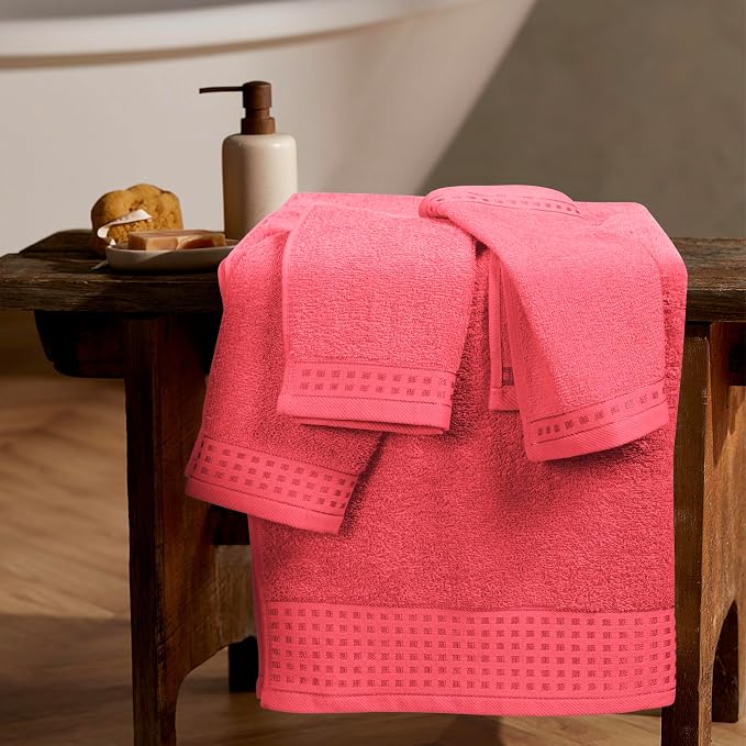 GLAMBURG Ultra Soft 3 Pack Cotton Towel Set, Contains a Bath Towel 28x55 inch, a Hand Towel 16x24 inch & a Wash Coth 12x12 inch, Ideal Everyday use, Compact & Lightweight - Coral Orange