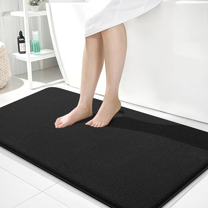 OLANLY Memory Foam Bathroom Runner Rugs 40x24, Absorbent Long Mat, Black | Soft Quick Dry Bath Rugs, Non-Slip Carpet, Machine Washable Mat for Bathroom Floor, Tub and Shower, Home Decor Accessories