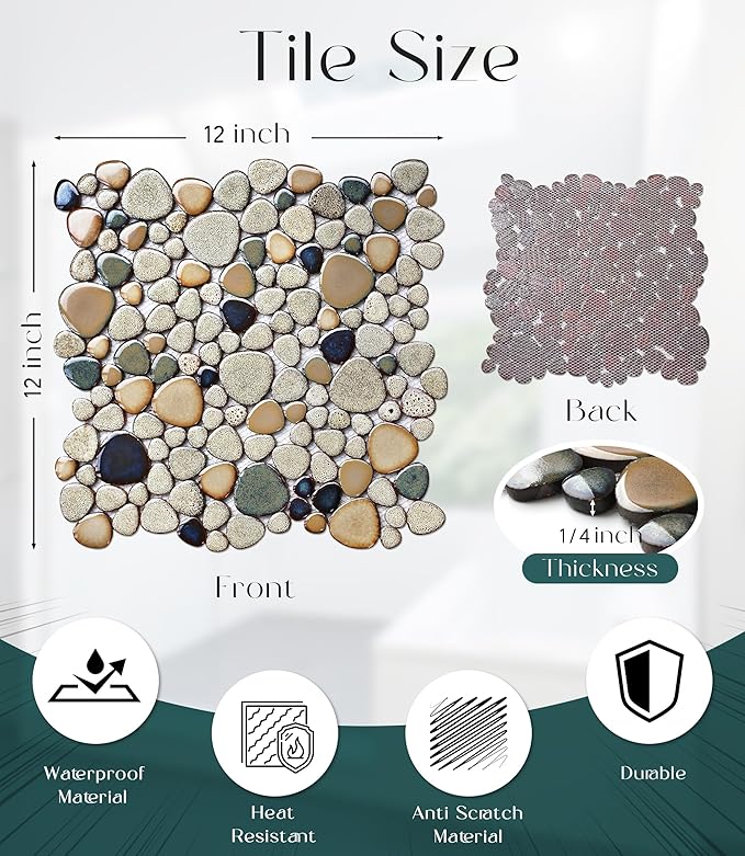 Pebble Stone Mosaic Tiles 5 Sheets, Beige Tan Brown Ceramic Mosaic Sheets Mesh Mounted 12x12, Glazed Porcelain Tile for Shower Floor Kitchen Bathroom Accent Wall Backsplash 【5 Sheets】