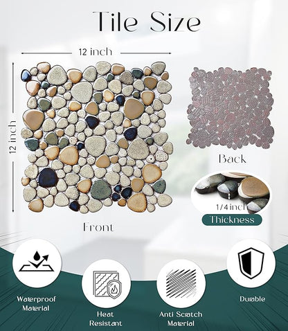 Pebble Stone Mosaic Tiles 5 Sheets, Beige Tan Brown Ceramic Mosaic Sheets Mesh Mounted 12x12, Glazed Porcelain Tile for Shower Floor Kitchen Bathroom Accent Wall Backsplash 【5 Sheets】