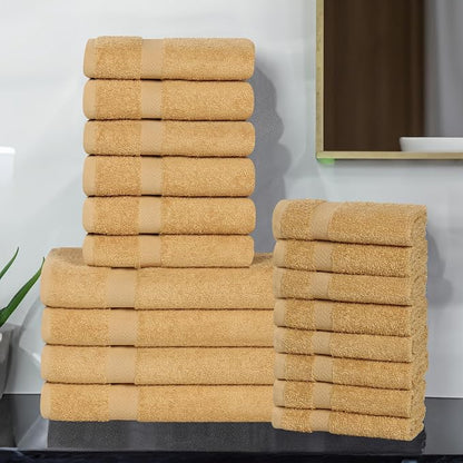 SUPERIOR 18-Piece Cotton Assorted Towel Set, Includes 8 Face Towel, 6 Hand, and 4 Bath Towels, Home, Bathroom, Guest Bath Essentials, Quick Dry, Absorbent, Franklin Collection - Gold