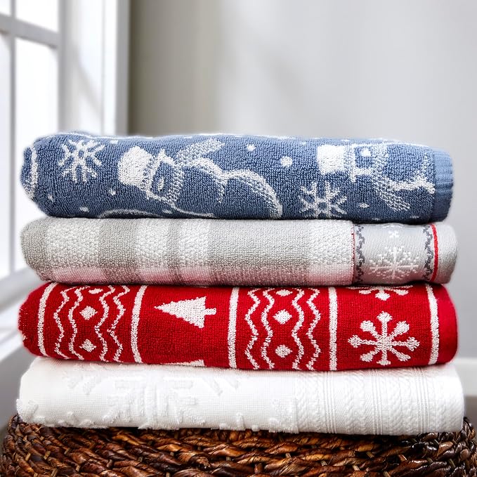 SKL Home Christmas/Winter Top Hat Snowmen Bath Towel, 100% Cotton, Blue | 550 GSM. Soft & absorbent. Reversible jacquard pattern. Great for use in the bathroom, kitchen or bar & gifting.