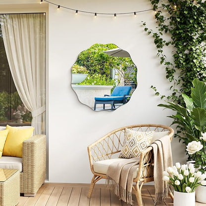 CILIBER Wavy Mirror for Wall, 24'' Scalloped Frameless Round Mirror, 3mm Tempered Glass Decorative Bathroom Vanity Mirror, Mounting/Leaning for Mantel, Living Room, Bedroom and Entryway