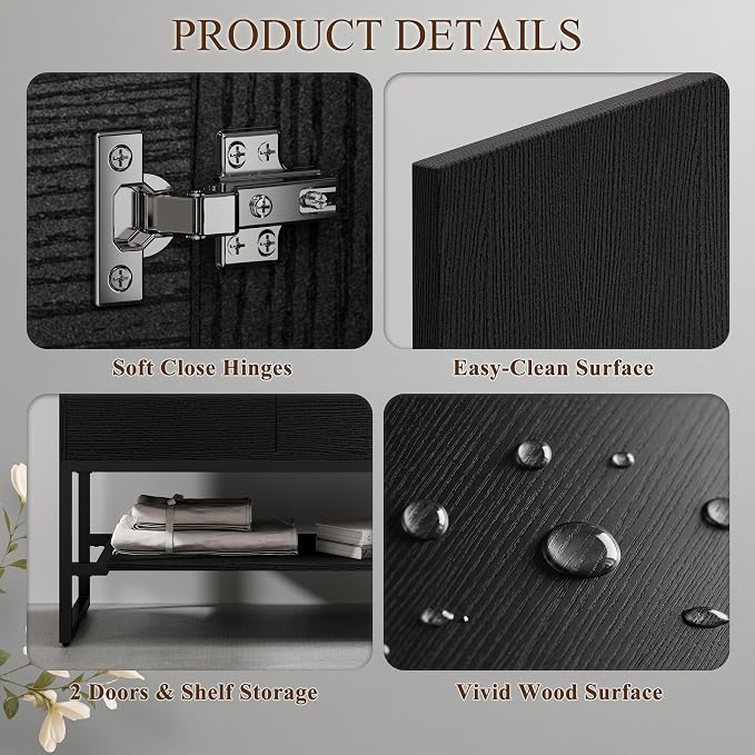 LUCKWIND 36" Modern Bathroom Vanity with Single Black Sink Combo, Freestanding Storage Cabinet with Metal Frame, Water-Saving Faucet and Open Shelf and 2 Soft-Closing Door, Black