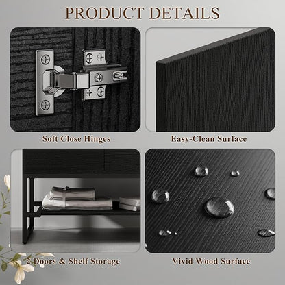 LUCKWIND 36" Modern Bathroom Vanity with Single Black Sink Combo, Freestanding Storage Cabinet with Metal Frame, Water-Saving Faucet and Open Shelf and 2 Soft-Closing Door, Black