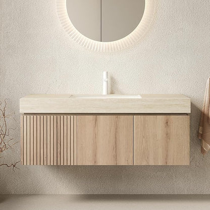 48” Floating Bathroom Vanity with Sink, Wall-Mounted Cabinet with Drawer & Doors, Roma Travertine-Pattern Countertop, Undermount Basin, Single Faucet Hole, Soft-Close, Pre-Assembled, Light Oak