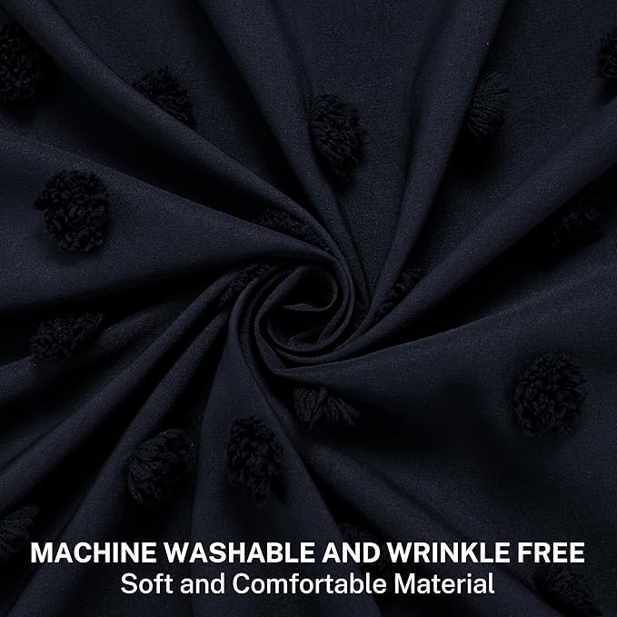 Boho Navy Blue Shower Curtain Woven Fabric Shower Curtain, 72 x 72 Tufted Pleat Floral Puffs Textured Modern Minimalist Shower Curtain Set with Hooks for Bathroom