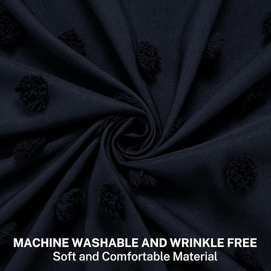 Extra Long Boho Shower Curtain Woven Fabric 84 Inch Navy Blue Shower Curtain, 72 x 84 Tufted Pleat Floral Puffs Textured Modern Minimalist Shower Curtain Set with Hooks for Bathroom