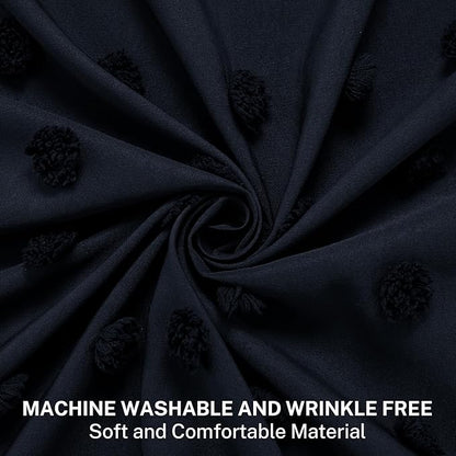 Extra Long Boho Shower Curtain Woven Fabric Navy Blue Shower Curtain, 72 x 78 Tufted Pleat Floral Puffs Textured Modern Minimalist Shower Curtain Set with Hooks for Bathroom