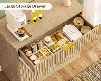 31.5" W Storage Cabinet with Drawer and Adjustable Shelf, Coffee Bar Cabinet, Fluted Sideboard Buffet Cabinet with 2 Doors for Living Room, Kitchen, Entryway, Natural