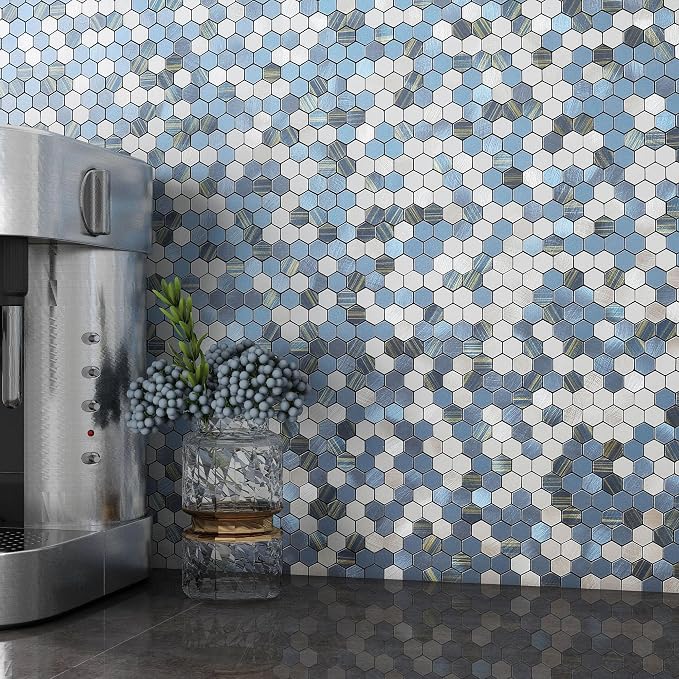 Stripe Hexagon Backsplash Tile Peel and Stick Blue 10pcs