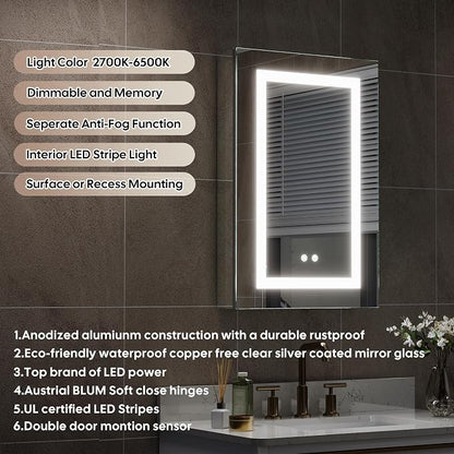 WELLFOR 20 x 30-in LED Medicine Cabinet, Surface or Recessed Mounted, Single Right Opening Doors, Anti-Fog, Mirror with Outlets & USB Ports