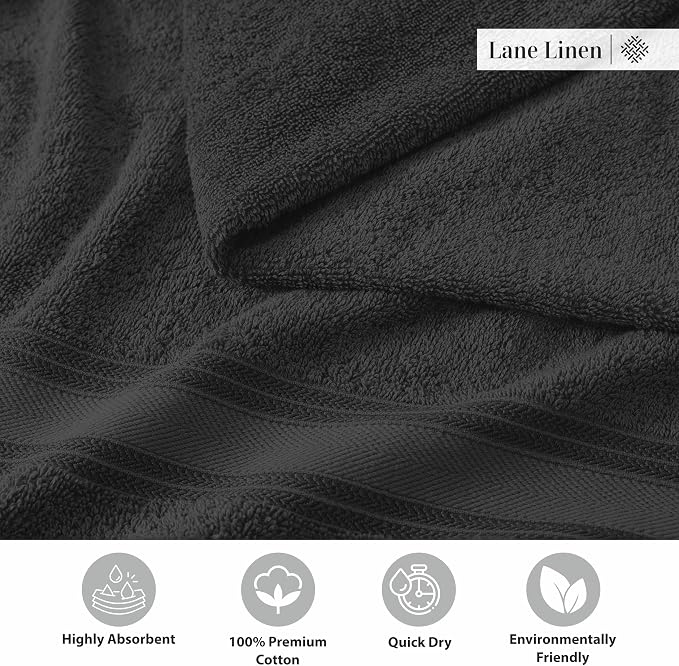 LANE LINEN Large Bath Towel Set Absorbent Quick Dry 100% Cotton - Black | Cotton Towels - Fade-Resistant Color, Classic Terry Weave, Densely Woven, Coordinated Colors, Everyday Durability