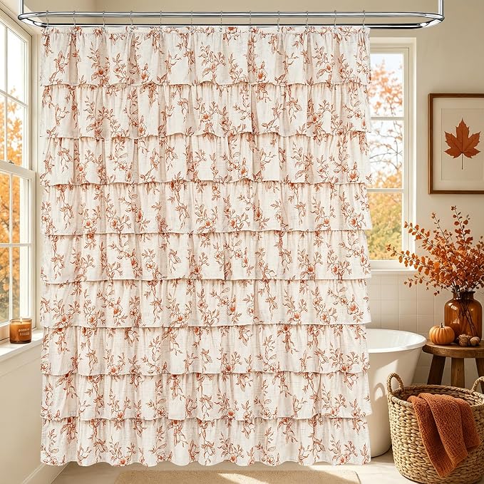 Fall Extra Long Ruffle Shower Curtains for Bathroom with Floral, 72"Wx90"L | Orange Floral Print, Ruflle Design, 12 Metal Hooks, Vintage Rustic Washable Waterproof Shower Curtain for Bathroom Bathtub