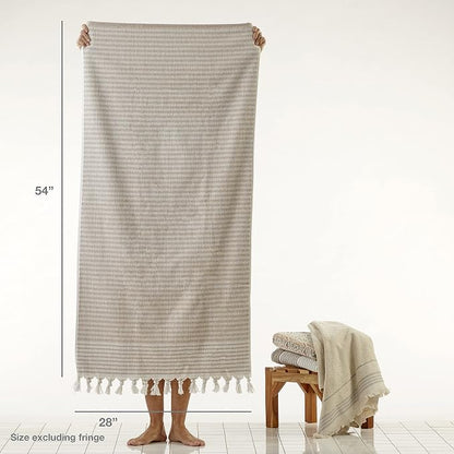 SKL Home Longborough Bath Towel, 100% Turkish Cotton, Tan | 640 GSM weight. Spa-level quality. Soft & absorbent jacquard with hand-knotted tassels.