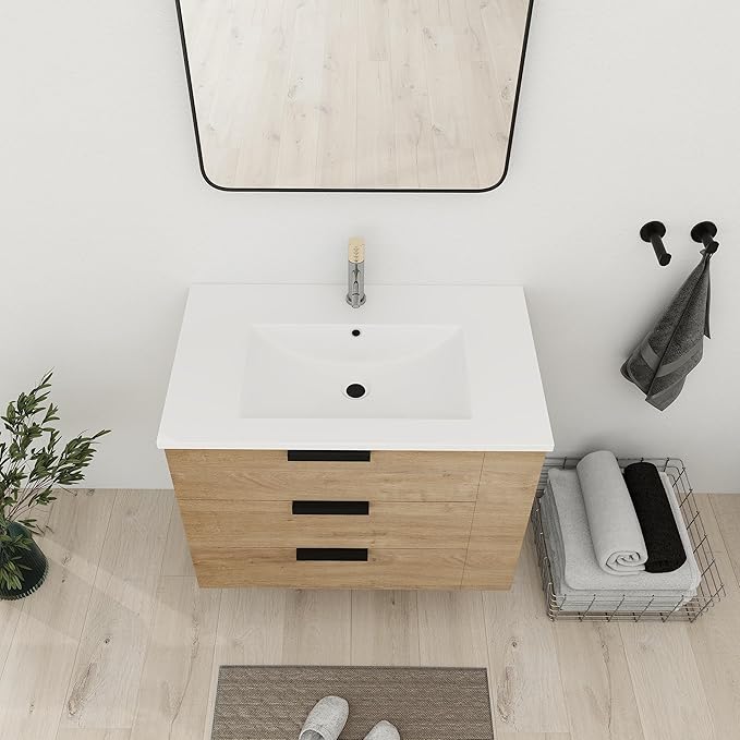 Bathroom Vanity with Sink 30 Inch, Single Sink Modern Bathroom Vanities Set, Wall-Mounted Bathroom Vanity, Floating Soft Close Door (IMO, 30 * 18)