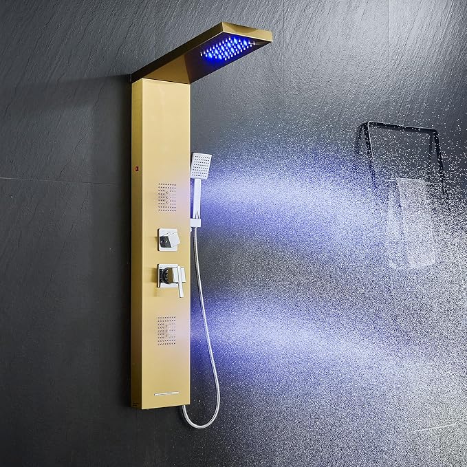 5-in-1 LED Shower Panel Tower System Stainless Steel Gold | Rainfall head | 2 massage jets | Handheld shower | Tub spout | LED lights | Wall mount