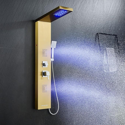 5-in-1 LED Shower Panel Tower System Stainless Steel Gold | Rainfall head | 2 massage jets | Handheld shower | Tub spout | LED lights | Wall mount