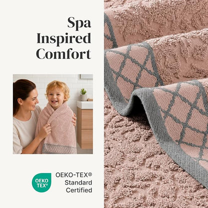 Modern Threads 6 Piece Cotton Bath Towel Set – Ultra Soft 550 GSM Towels – Bathroom Set with Hand Towels and Washcloths – Diamond Border (Blush)