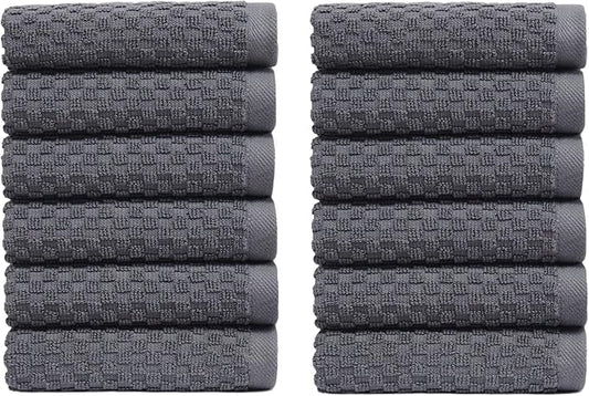 COTTON CRAFT Euro Spa Waffle Wash Cloth - Set of 12 Luxury Pure Ringspun Cotton Waffle Weave Bathroom Face Towel - Everyday Absorbent Hotel Gym Shower Beach Kitchen Travel Dorm - 12x12 inches - Grey