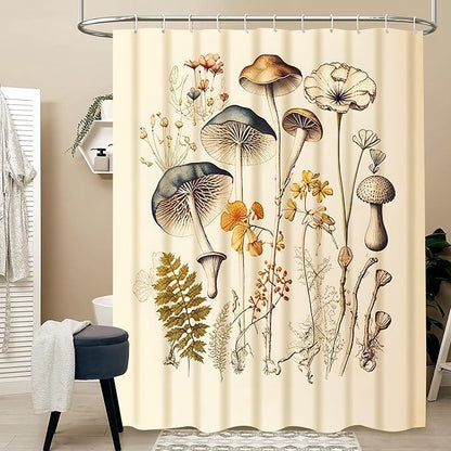 Rustic Shower Curtain Set Mushroom Shower Curtain Fern Wildflower Polyester Waterproof Fabric Bath Curtain 12 Hooks American Country Farm Style 72×72 Inches