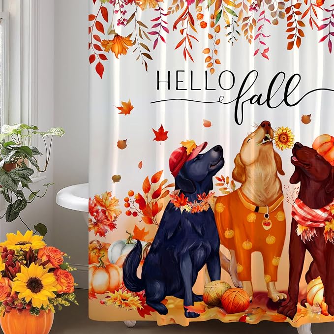 Fall Shower Curtain Set Autumn Pumpkin Leaves Dog Shower Curtains Rustic Waterproof Fabric Bath Curtains with 12 Hooks for Fall Home Bathroom Decor, 72 x 72 Inches