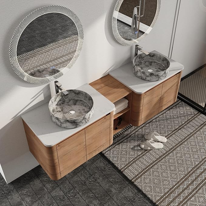Malwee 72" Floating Bathroom Vanity with Sink, 72 Inch Wall Mounted Bathroom Cabinet Combo, Modern Double Sink Bath Storage Vanity Set, with 4 Soft Close Doors and Ceramic Vessel Basin Top(72-QQ