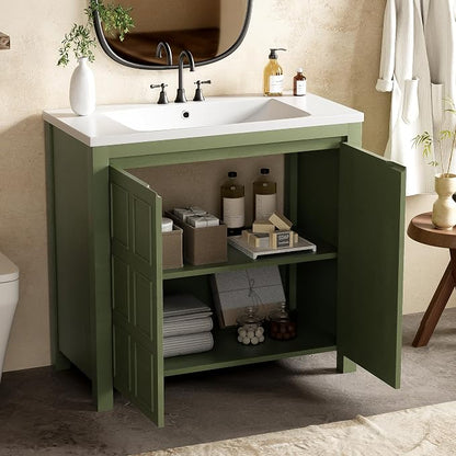 SOFTSEA 36" Bathroom Vanity with Sink Combo, Single Sink Bathroom Vanity with Soft-Close Doors, Solid Wood Frame Bathroom Cabinet, Ceramic Basin, Easy Assembly, Green