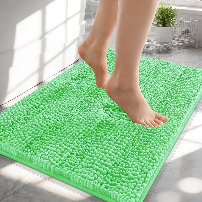 OLANLY Thick Small Bathroom Rugs 24x16, Soft Chenille Bath Rugs, Mint Green | Rubber Backing, Machine Wash, Extra Absorbent Striped Bath Mats for Bathroom Floor, Tub and Shower, Home Decor Accessories